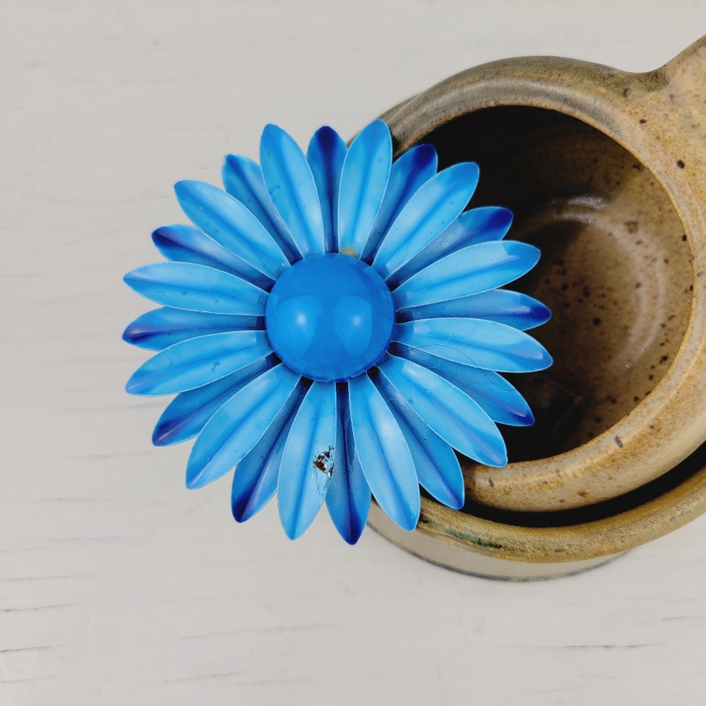 Vintage Blue Daisy Flower Enamel Brooch Pin 3" Distressed